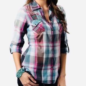 💛ROAR Totem Western Snap-Front Blouse Shirt M